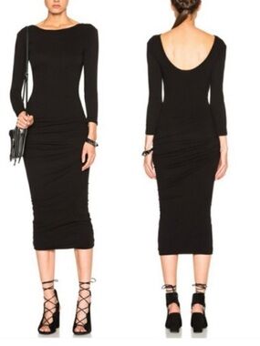 James Perse | Scoop Back Stretch Ruched Black Midi Dress Size 1/Small